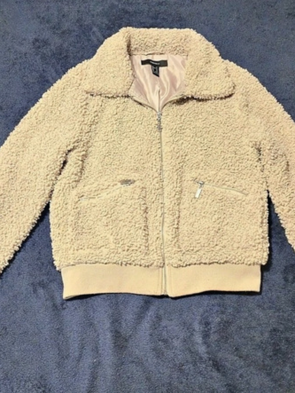 Forever 21 Teddy Fleece Zip Jacket in Beige Size Medium